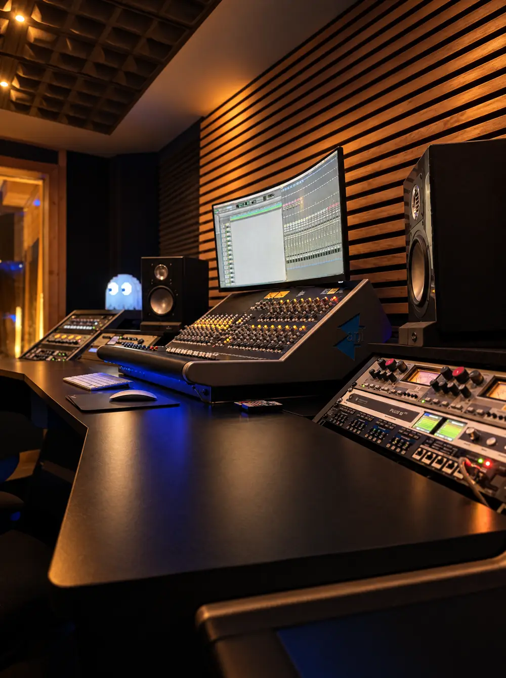 Sala de control con la mesa y los monitores