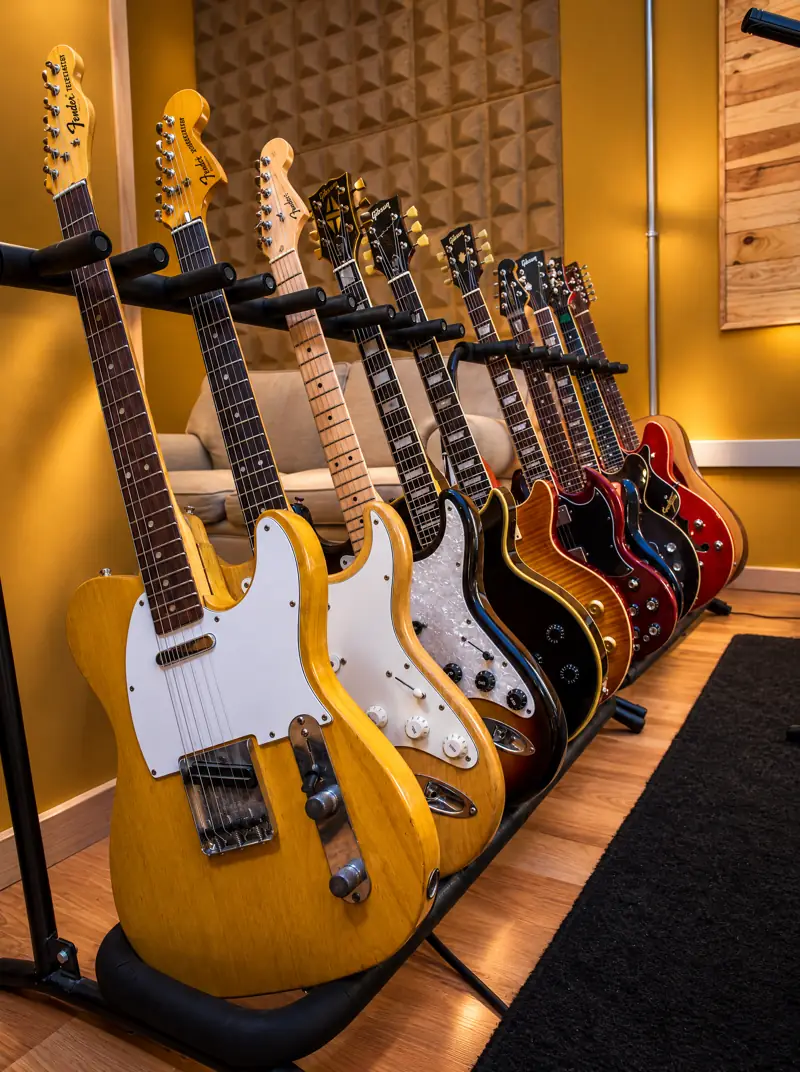 Guitarras del estudio colgadas en la pared
